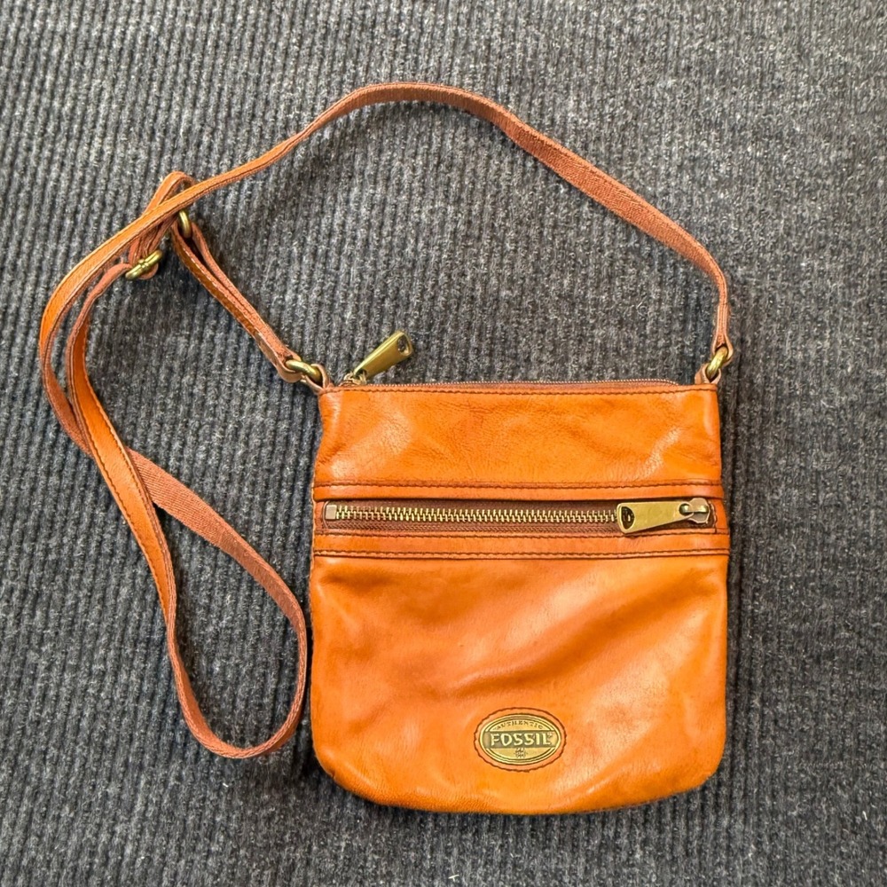 Fossil Vintage Brown Leather Crossbody Bag Small Organizer Purse Brass Y2K